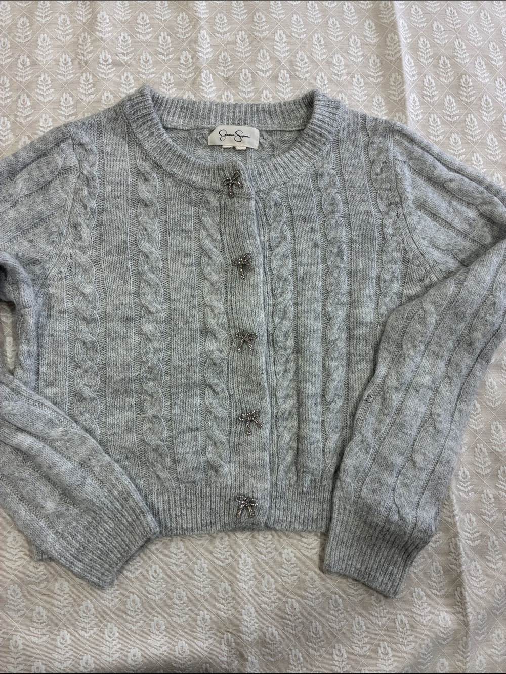 Jessica Simpson Light Gray Cable Knit Bow-Button Cardigan